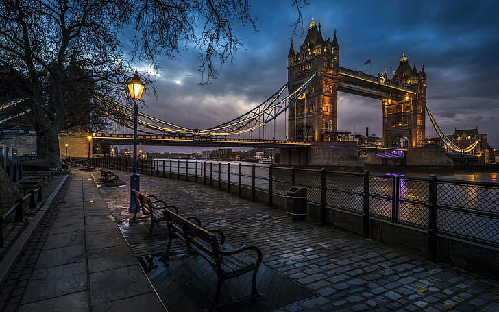 London, England, Tower Bridge, river, sidewalk, benches, lights, evening