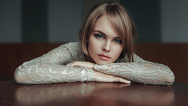 women's gray lace long-sleeved top, untitled, model, hazel eyes, HD wallpaper