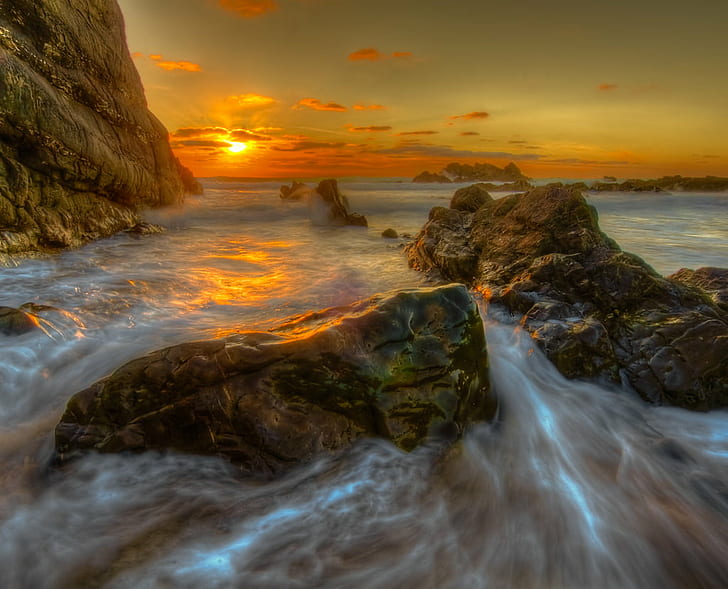 timelapse photography of sea with mountain during golden hour, HD wallpaper