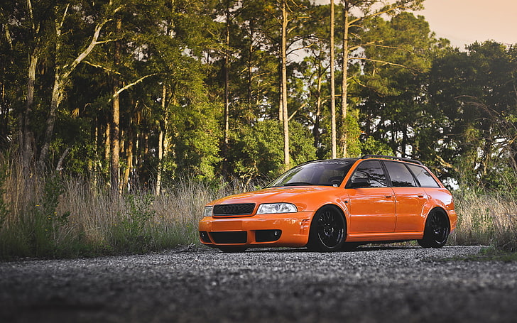 orange 5-door hatchback, forest, trees, Audi, tuning, universal