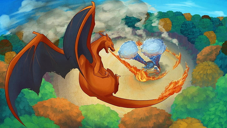 Pokemon Charizard fighting Blastoise wallpaper, Pokémon, video games