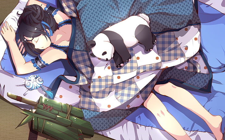 panda, ribbon, sleeping, bamboo, anime girls, sunlight, representation, HD wallpaper