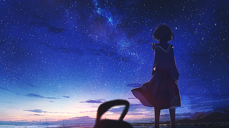 HD wallpaper: starry night, anime girls, sky, stars, outdoors, sunset ...