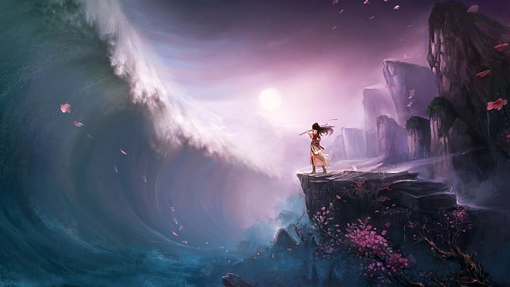 person standing on cliff in front of sea wave digital wallpaper
