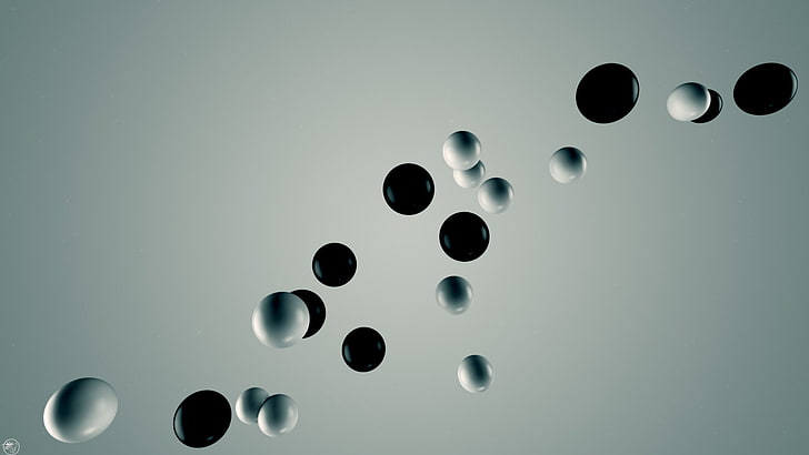 black and white droplets, abstract, 3D, sphere, simple background, HD wallpaper