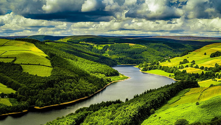 United Kingdom, England, river, trees, grass, clouds, HD wallpaper
