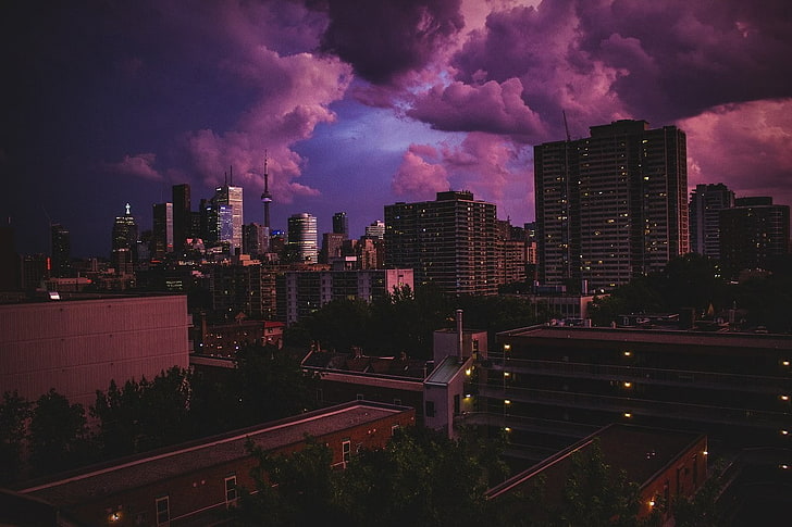 cityscape, purple sky, dusk, urban, building exterior, architecture