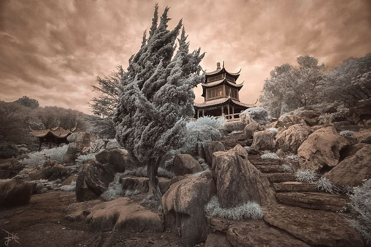 photography, pagoda, trees, rocks, infrared