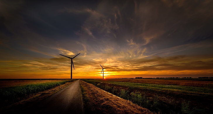 wind turbine, sunrise, road, sky, nature, 4k, 5k, 8k, hd, sunset, HD wallpaper