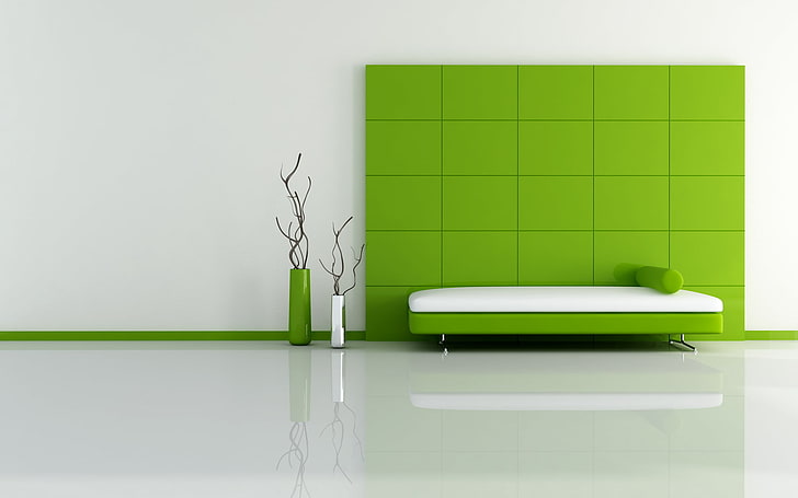 white and green leather bed, minimalism, squares, vases, domestic Room, HD wallpaper