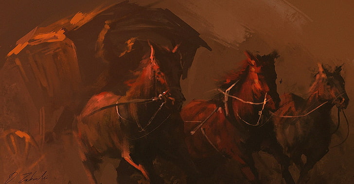 four brown horses painting, fantasy art, Darek Zabrocki , animal themes, HD wallpaper