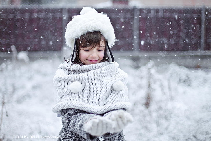 girl's white top and gloves, children, winter, snow, cold temperature