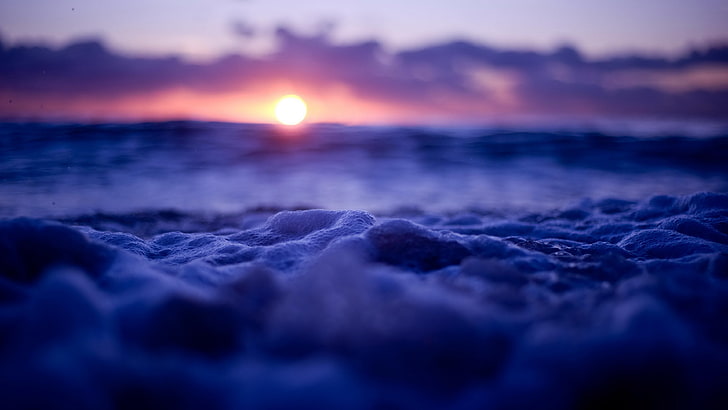 sunset, macro photo of sea bubbles during sunset, water, waves, HD wallpaper