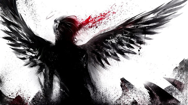 person with wings wallpaper, angel, blood, one person, long hair, HD wallpaper