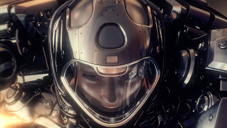 person in black full-face helmet, digital art, futuristic, motorcycle