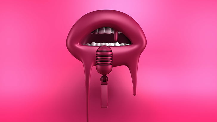 pink lips with microphone graphics, 4k, HD wallpaper, red, abstract