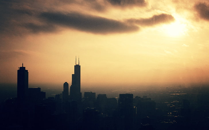 Willis Tower, silhouette of buildings under sunset, sky, city