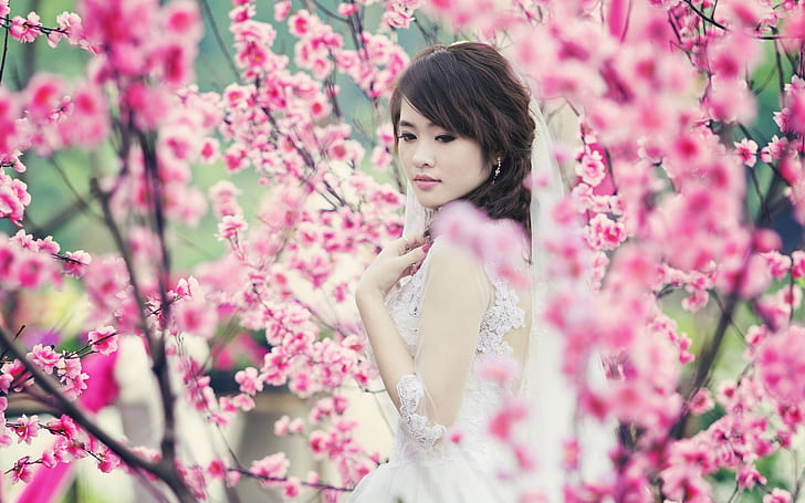 Asian girl, garden, spring, pink flowers