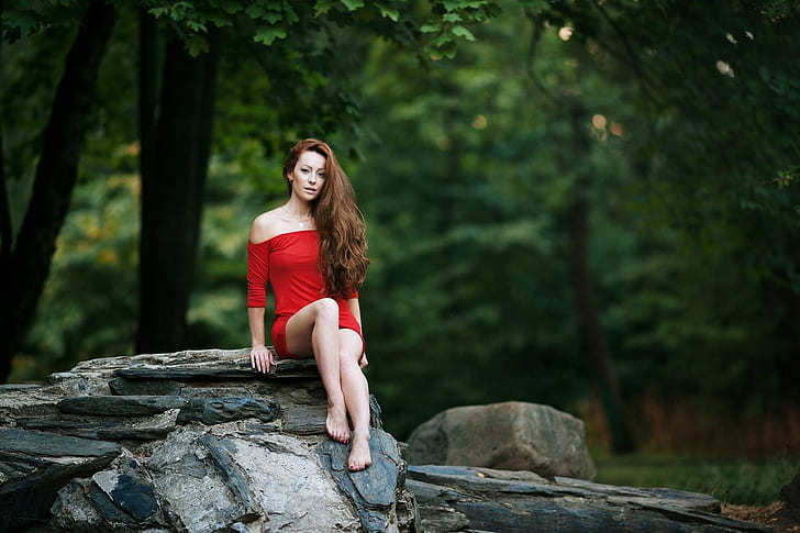 Women, Long Hair, Sitting, Red Dress, Rock, Trees, Bokeh, Bare Shoulders, women's red off-shoulder dress, HD wallpaper