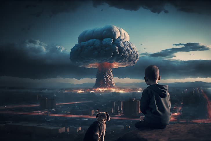 AI art, mushroom clouds, atomic bomb, city, children, dog, HD wallpaper