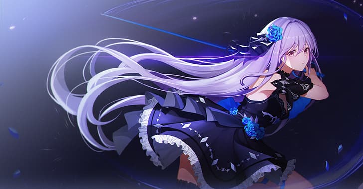 anime girls, sword, long hair, purple hair, flower dress