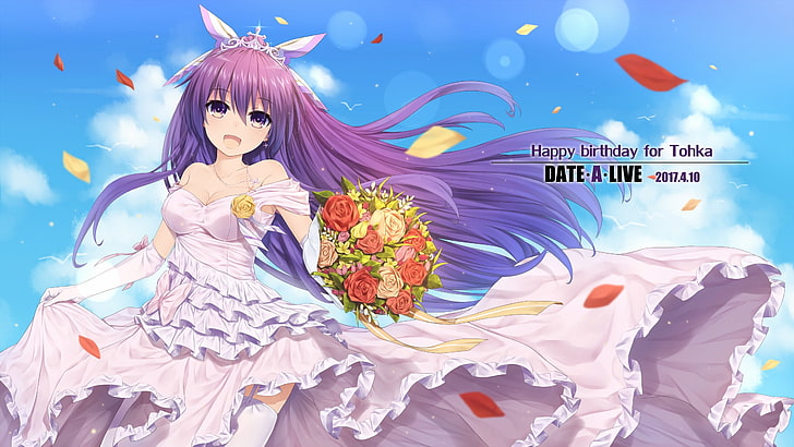 date a live, yatogami tohka, bride, purple hair, wedding dress, HD wallpaper
