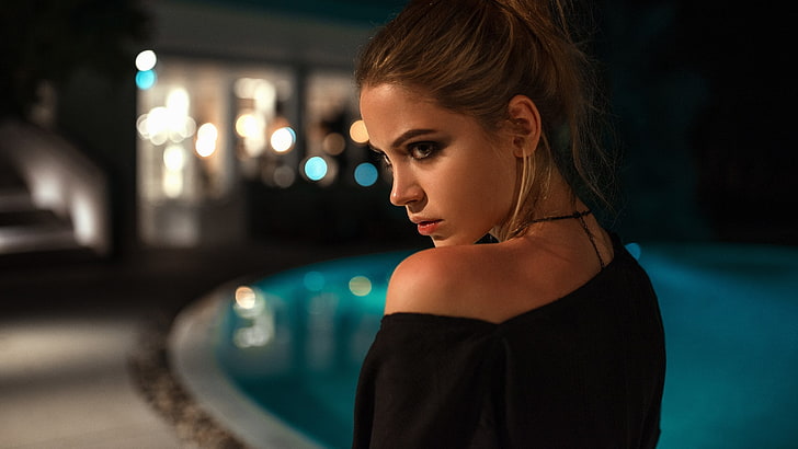 Ksenia Kokoreva, women, model, women outdoors, night, swimming pool, HD wallpaper