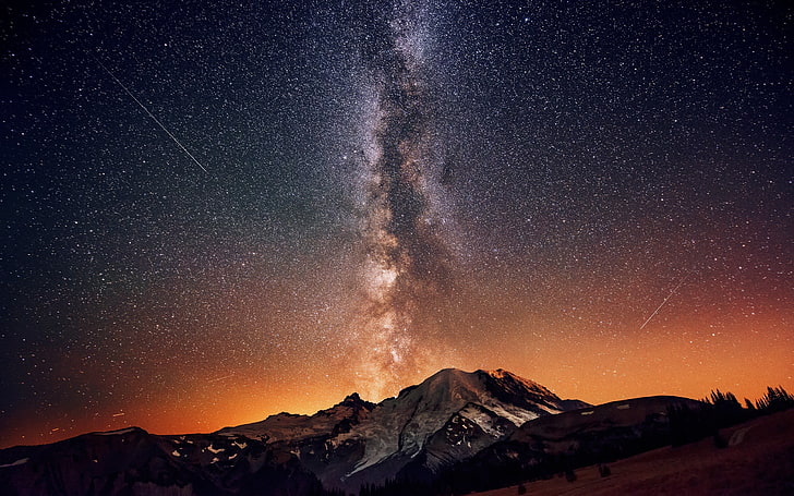 galaxy digital wallpaper, gray mountain during night, sky, stars