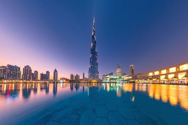 water, reflection, building, Dubai, night city, skyscraper, HD wallpaper