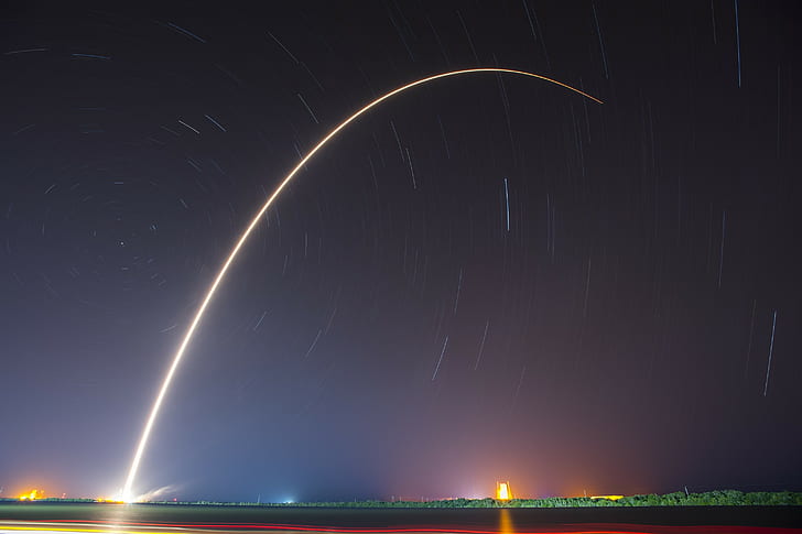 nature, stars, space, long exposure, SpaceX, rocket, Falcon 9, HD wallpaper