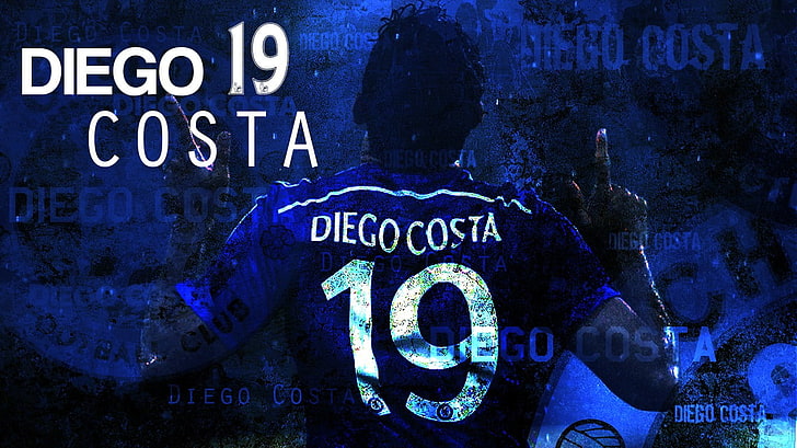 Diego Costa poster, Chelsea FC, soccer, text, communication, western script
