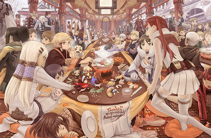 group of anime characters wallpaper, original characters, food
