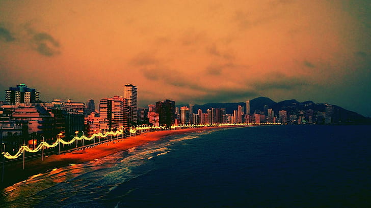 Evening On Benidorm Beach Spain, lights, city, nature and landscapes, HD wallpaper