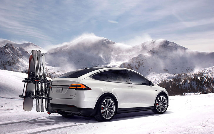white coupe, Tesla Model X, car, snow, snowboards, skis, mountains