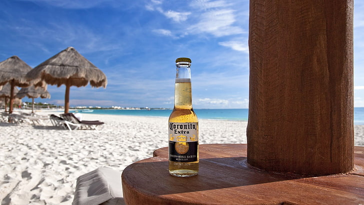 brown and black wooden table decor, beer, beach, tropical, sand, HD wallpaper