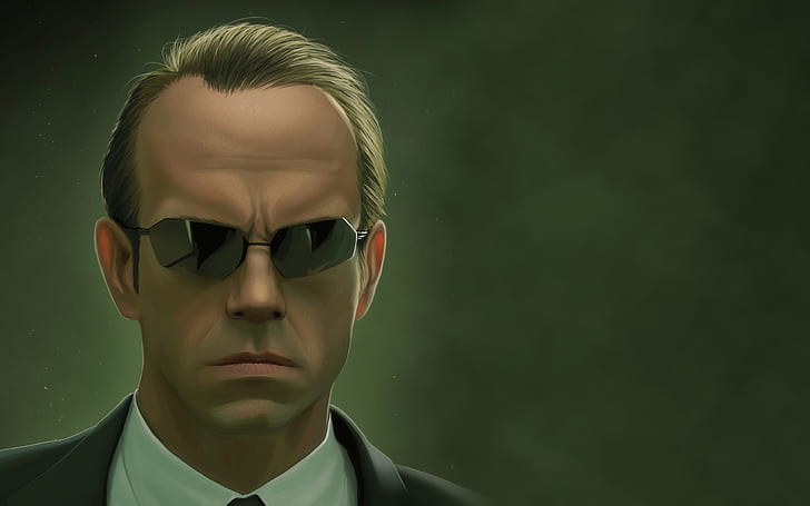 the matrix agent smith sunglasses hugo weaving simple background movies artwork suits tie villains reflection portrait