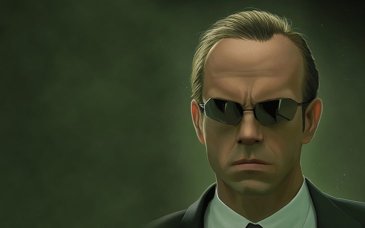 Matrix Agent Smith illustration, The Matrix, sunglasses, Hugo Weaving