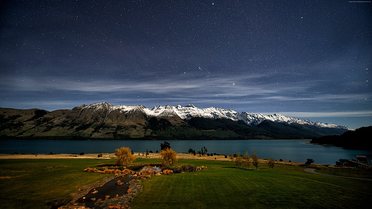 stars, New Zealand, sky, 4k, landscape, Queenstown, green grass
