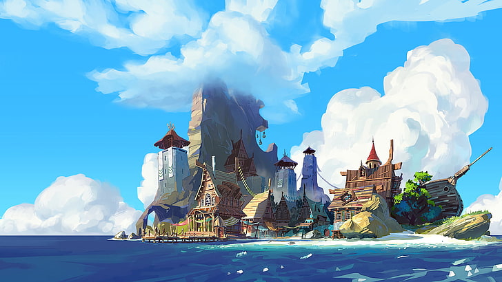 castle in island painting, digital art, water, sky, cloud - sky