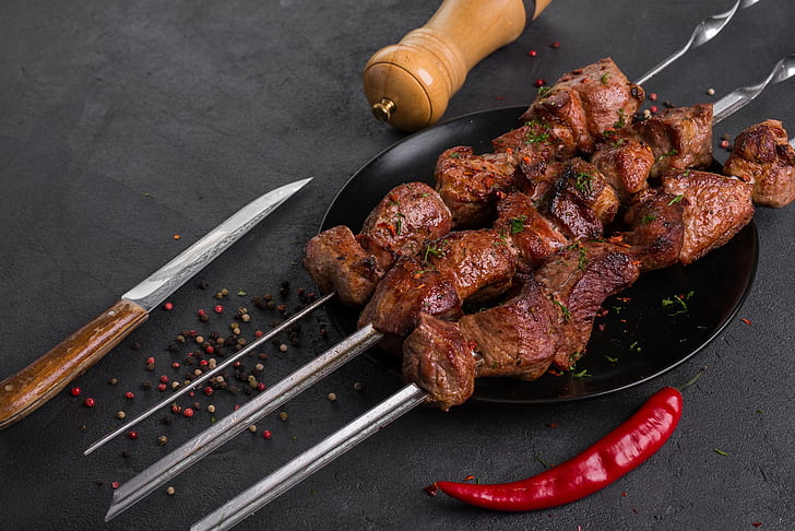 meat, pepper, kebab, spices