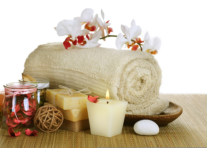 white pillar candle, flower, towel, candles, petals, soap, Orchid