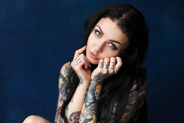 women, tattoo, portrait, piercing, nose rings, black hair, pierced nose