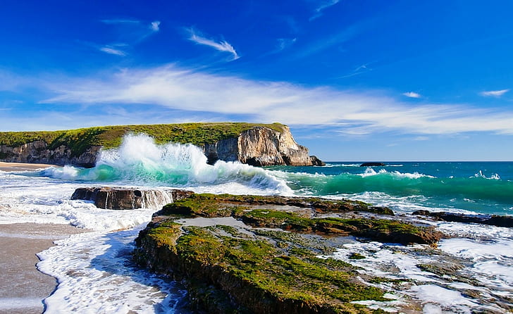 nature, landscape, beach, cliff, rock, sea, waves, coast, HD wallpaper