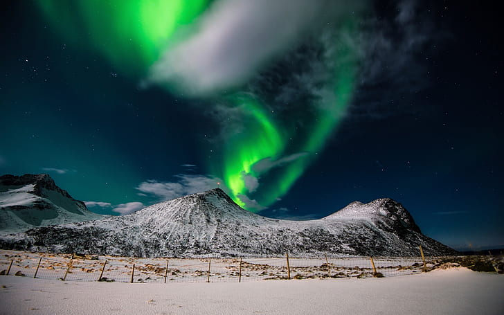 Aurora Borealis Northern Lights, snow mountains