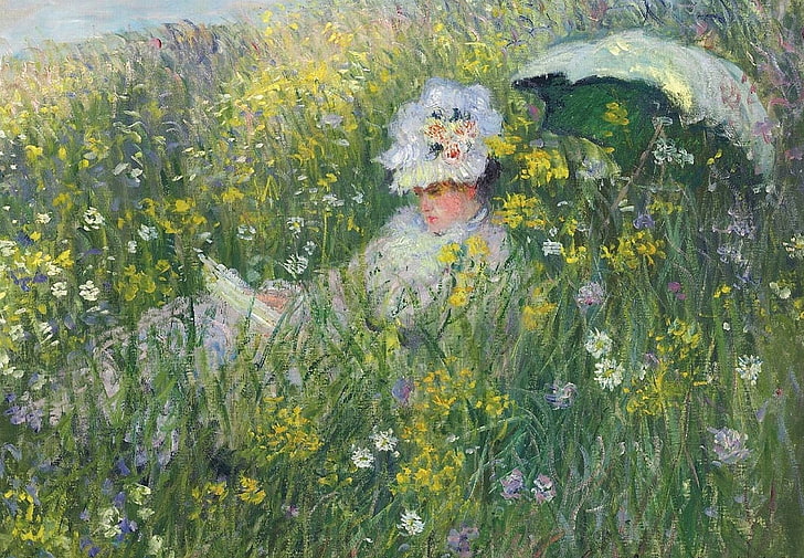 woman lying on flower field painting, grass, girl, flowers, nature