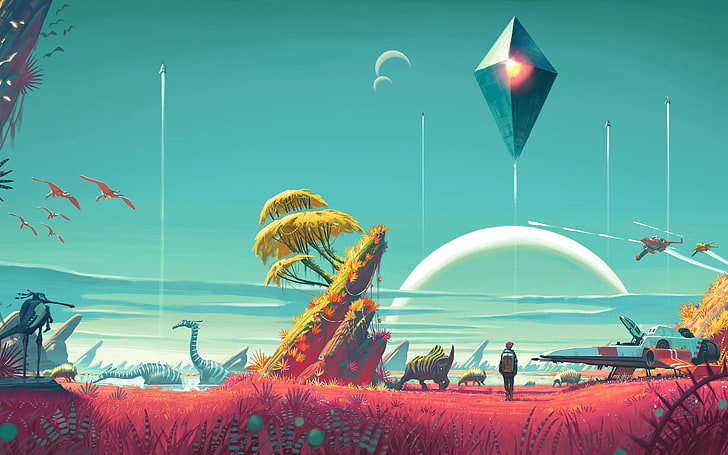 another planet digital wallpaper, No Man's Sky, no people, flying