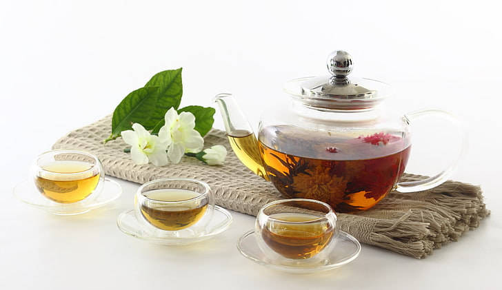 clear glass tea set, flowers, kettle, Cup, Chinese, Jasmine, knitted, HD wallpaper