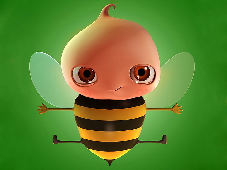 bee character wallpaper, green, fun, cute, green color, cartoon, HD wallpaper