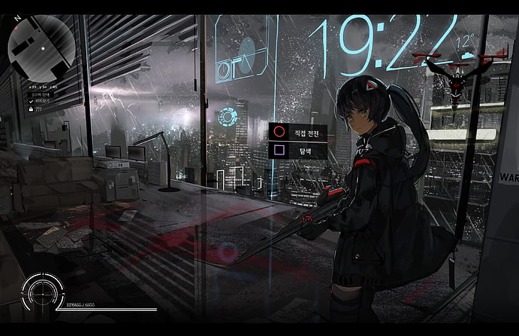 HD wallpaper: anime, anime girls, weapon, Korean, drone, city, rain, night  | Wallpaper Flare