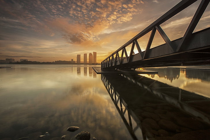 bridge, reflection, water, sky, built structure, architecture, HD wallpaper